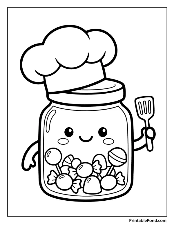 A cute cartoon candy jar wearing a chef hat and holding a spatula, filled with candies.