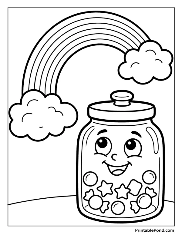 A smiling candy jar with candy inside, under a rainbow and clouds, on a white background.