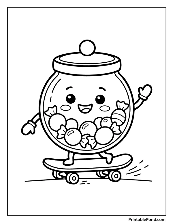 A smiling cartoon candy jar filled with candies, wearing mittens and riding a skateboard.