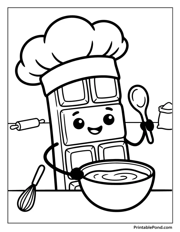 A cartoon chocolate bar wearing a chef hat mixes ingredients in a bowl with a spoon.