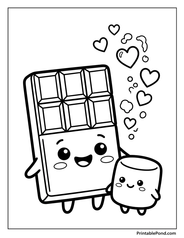 A kawaii chocolate bar and marshmallow holding hands with hearts floating around them.