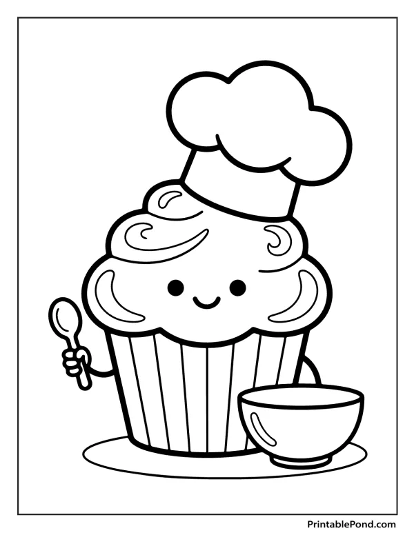 A smiling cupcake wearing a chef hat holds a spoon and stands next to a bowl.