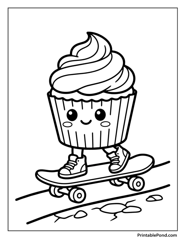 A smiling cupcake with eyes and mouth rides a skateboard with laces on its shoes.