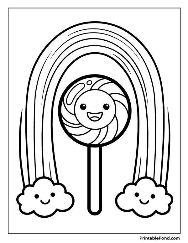 Outline of a smiling lollipop with a rainbow arching over it and two clouds.