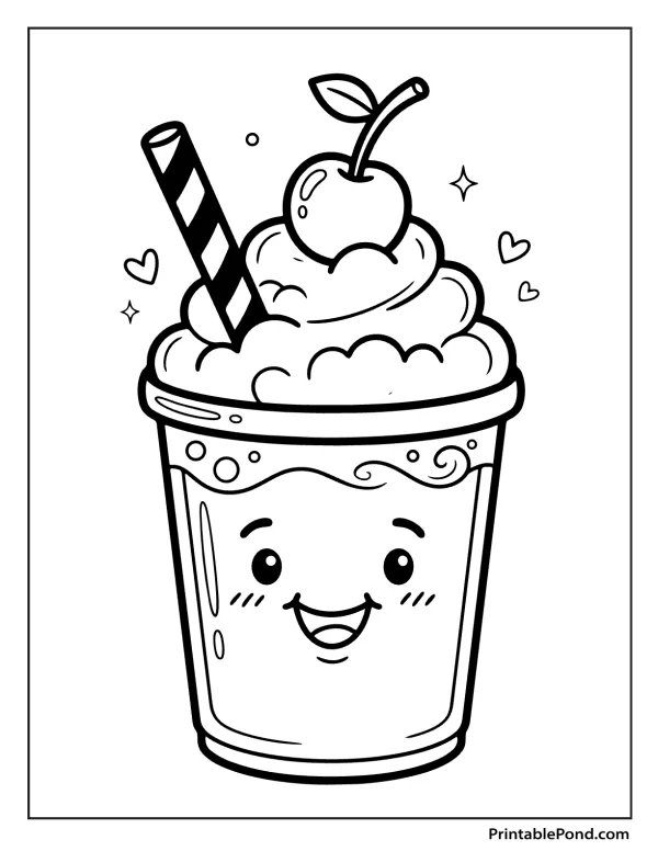 Black and white outline of a cute cartoon milkshake with a happy face and a cherry on top.