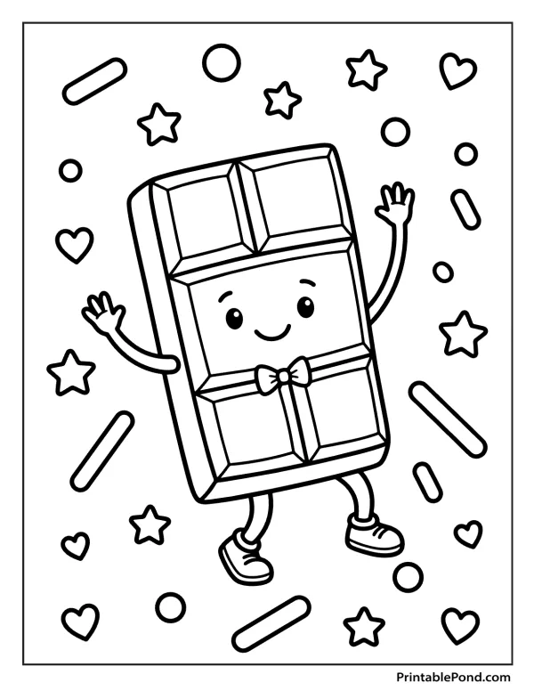 A cartoon chocolate bar with a smiling face, arms, and legs, surrounded by hearts, stars, and sprinkles.
