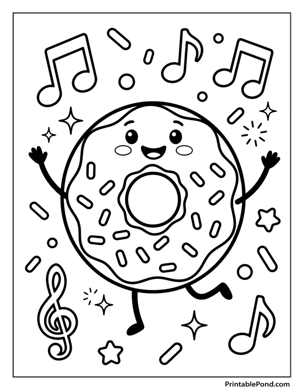 A smiling donut with sprinkles, arms and legs, dances among musical notes and stars.