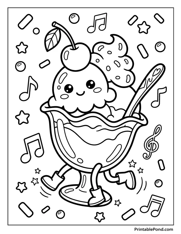 A happy ice cream sundae with legs and arms dancing surrounded by musical notes and stars.
