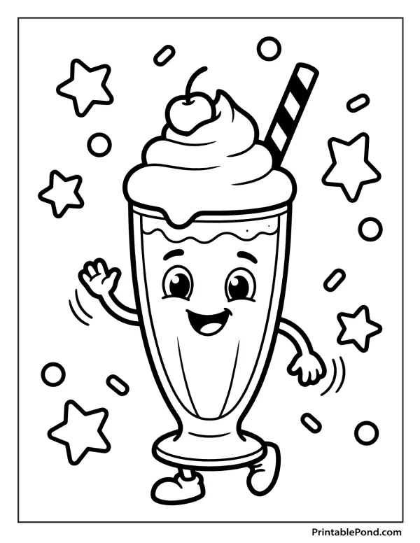 A cartoon milkshake with a face, arms, and legs, surrounded by stars and circles.
