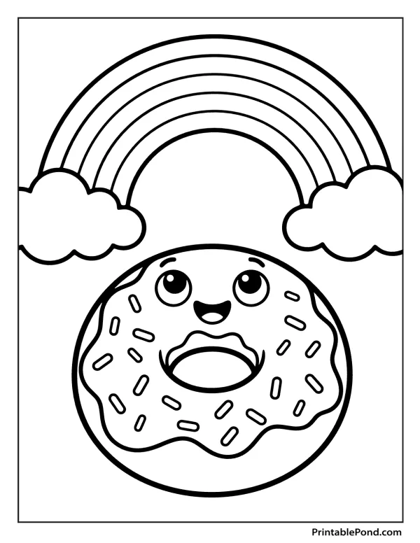 Outline of a smiling donut with sprinkles under a rainbow with two clouds.