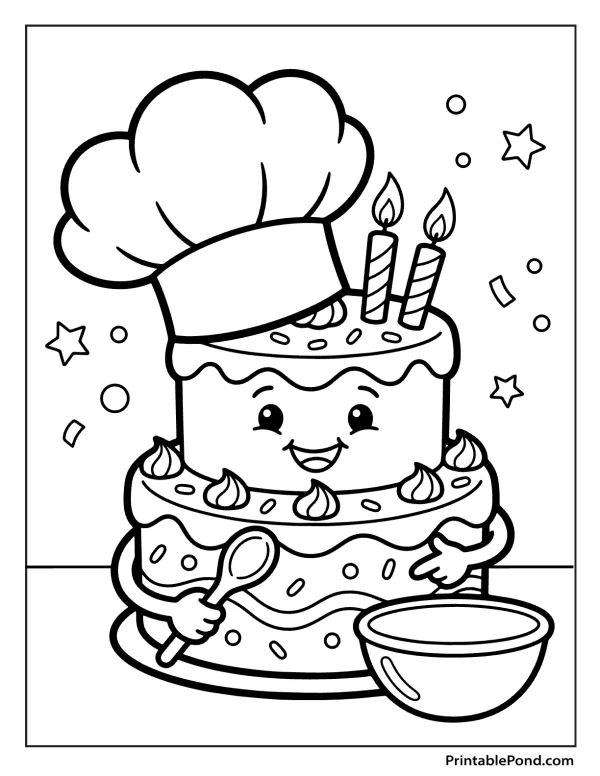 A smiling, two-tiered birthday cake wearing a chef's hat, holding a spoon and near a bowl.