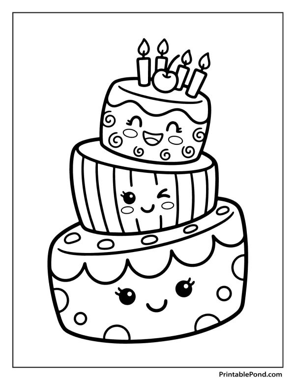 Three-tiered happy birthday cake with candles and a cherry on top, smiling and winking.