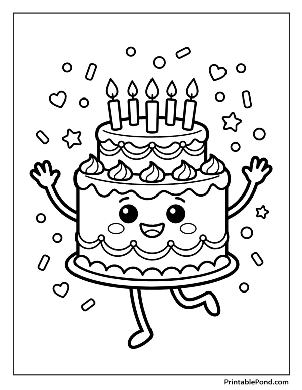 A two-tier birthday cake with a happy face, arms, and legs, dancing amongst confetti and hearts.