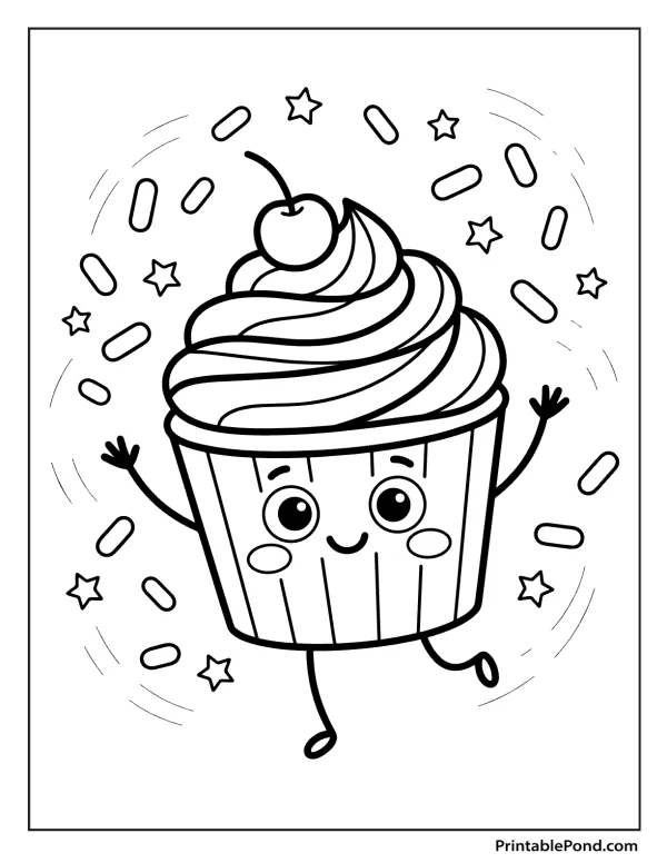 A smiling cupcake with arms and legs dances happily, surrounded by star and oval sprinkles.
