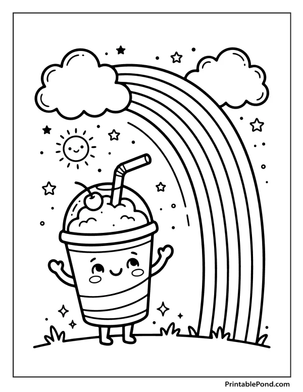 A cartoon milkshake with a smiling face and arms waves next to a rainbow and a happy sun.