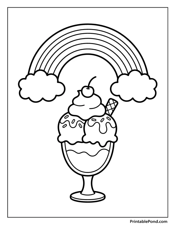 Black and white outline of an ice cream sundae with three scoops topped with a cherry, under a rainbow and clouds.