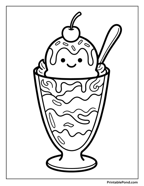 A happy ice cream sundae with a cherry on top and a spoon in a tall glass.