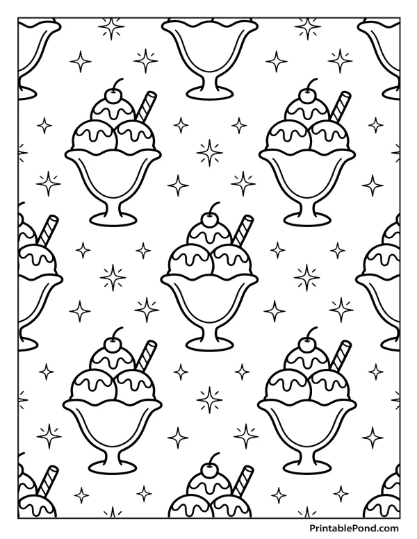 A repeating pattern of ice cream sundaes in clear glass dishes with stars.