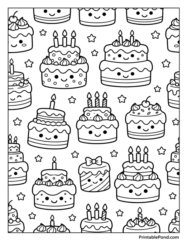 Pattern of various cute birthday cakes with faces and candles, surrounded by stars.