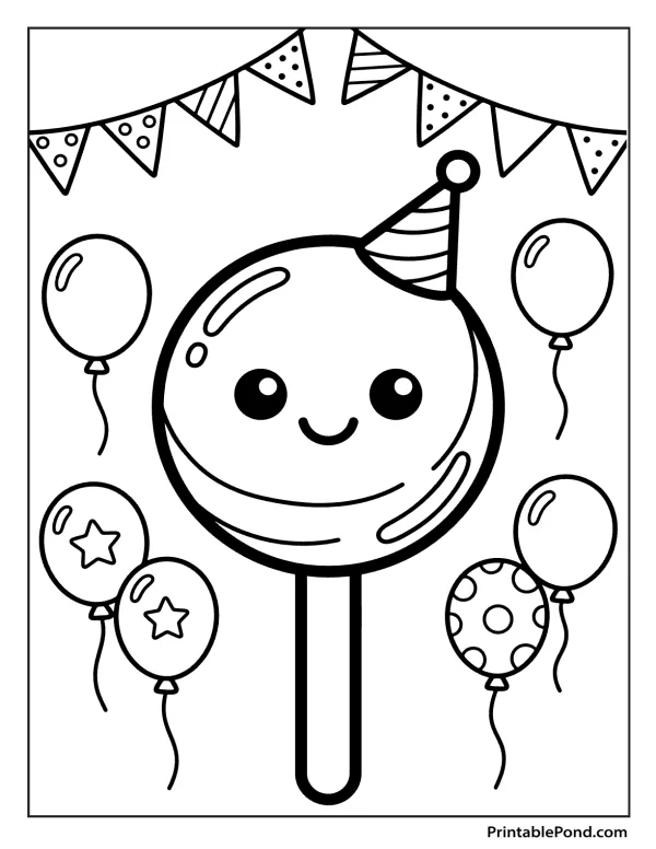 A happy lollipop wearing a striped party hat and surrounded by balloons and bunting.