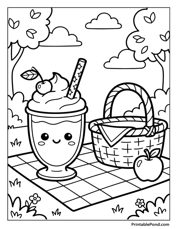 A smiling milkshake with a cherry and straw sits next to a picnic basket and an apple on a checkered blanket.