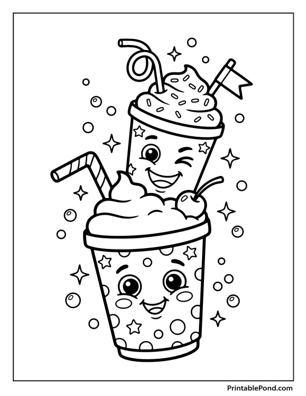 Two cartoon milkshakes with faces are stacked, one winking, with straws and sprinkles.