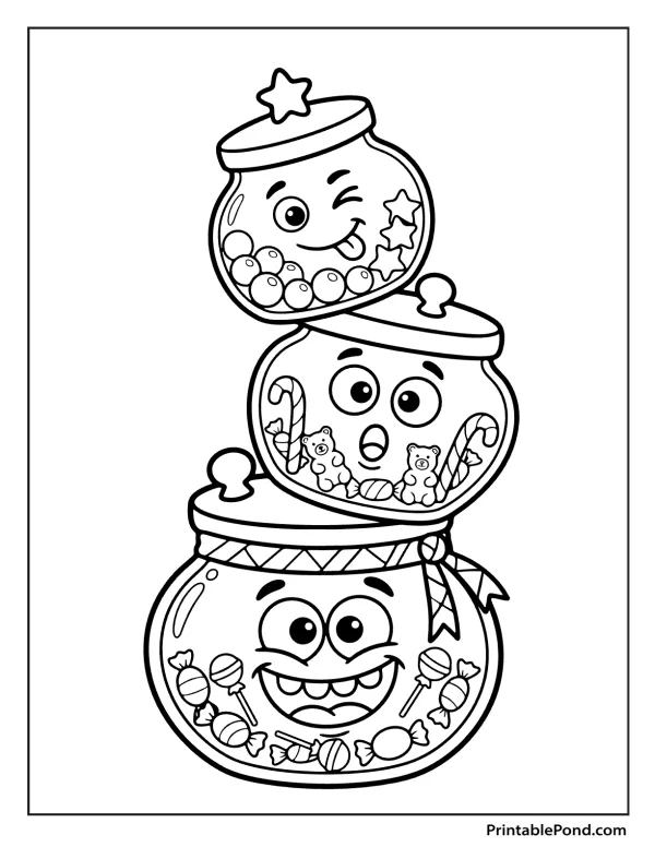 Three smiling cartoon candy jars stacked on top of each other filled with candy.