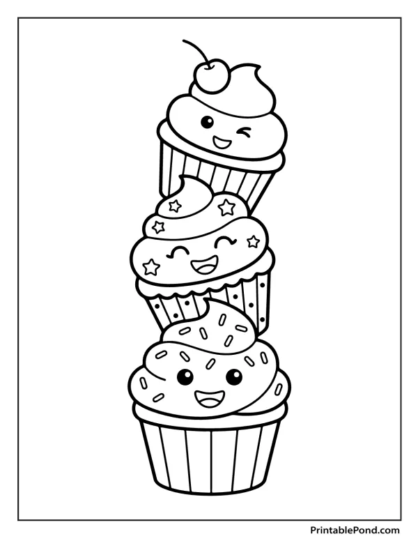 Three cartoon cupcakes are stacked vertically, each with a happy face and decorated with sprinkles and stars.