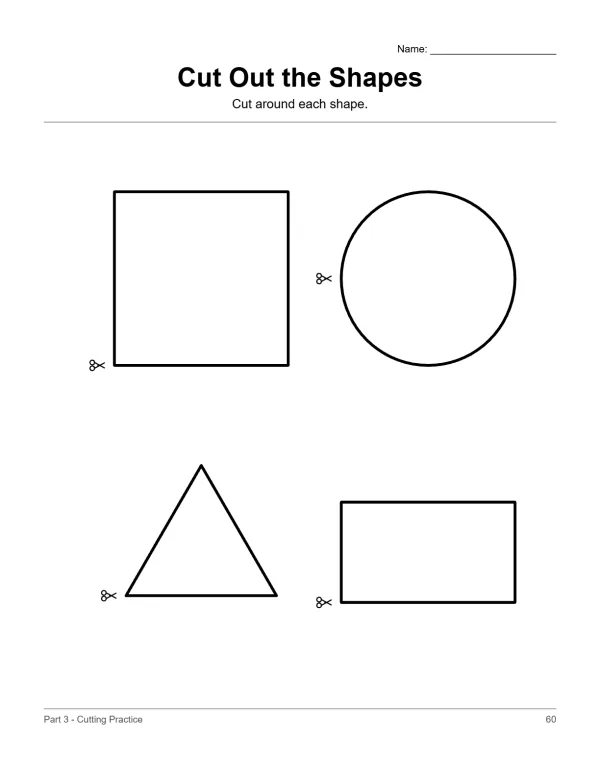 A worksheet with a square, circle, triangle, and rectangle for cutting practice.