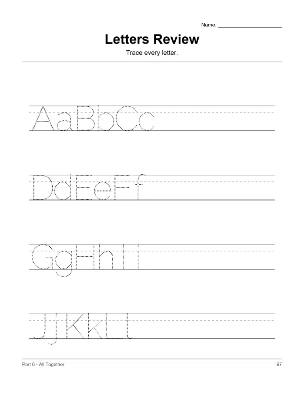Tracing worksheet with dotted uppercase and lowercase letters Aa Bb Cc Dd Ee Ff Gg Hh Ii Jj Kk Ll