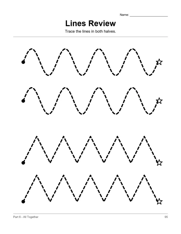 Dashed lines forming wavy and zigzag patterns for tracing practice, with dots and stars.