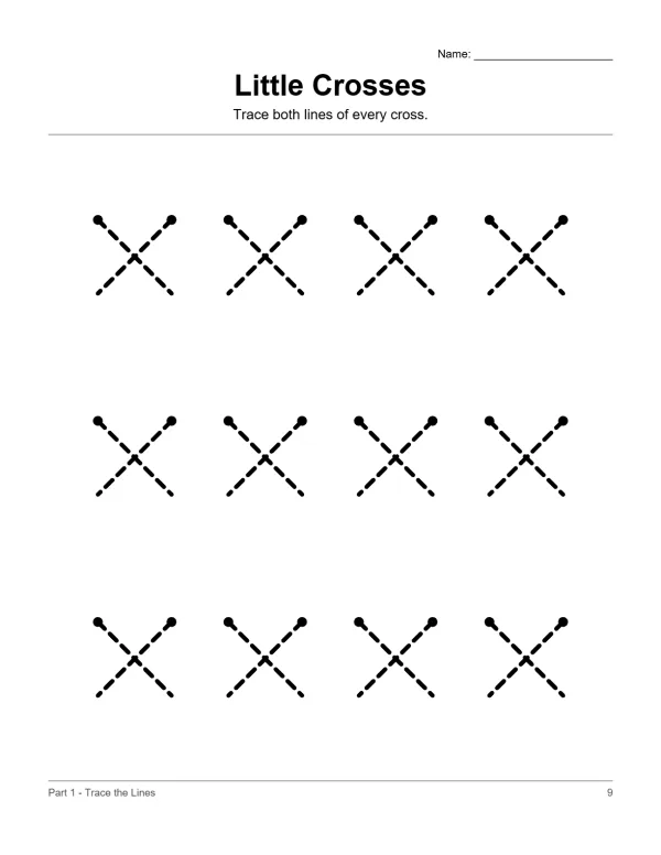 Dotted line crosses with dots at the ends for tracing practice, arranged in rows.