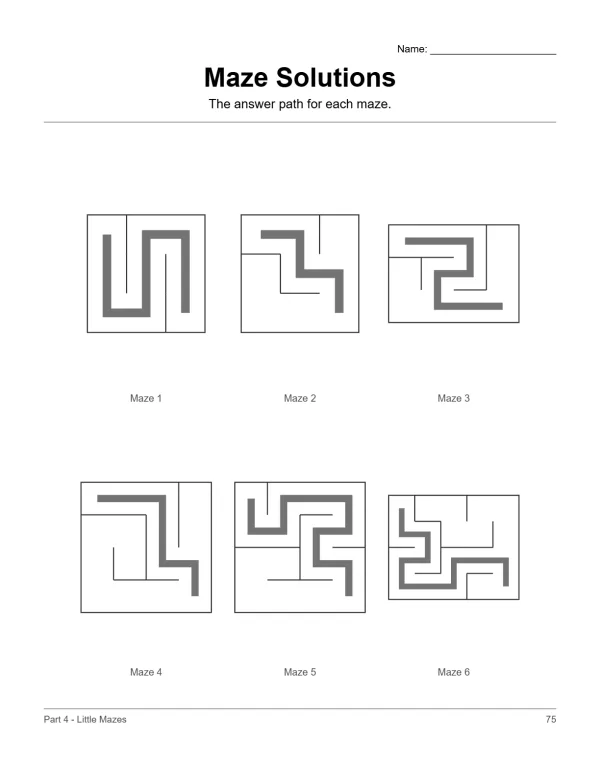 Six different mazes are displayed, each with a thick gray line showing the correct solution path.
