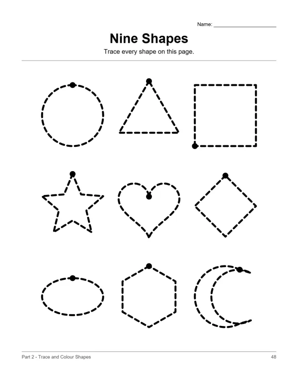 Nine dashed line shapes including a circle, triangle, square, star, heart, diamond, oval, hexagon, and crescent moon.