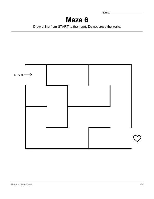 A simple black and white maze with a START arrow and a small heart shape at the end.