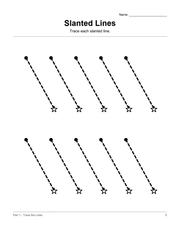Dashed slanted lines with dots at the top and stars at the bottom for tracing practice.