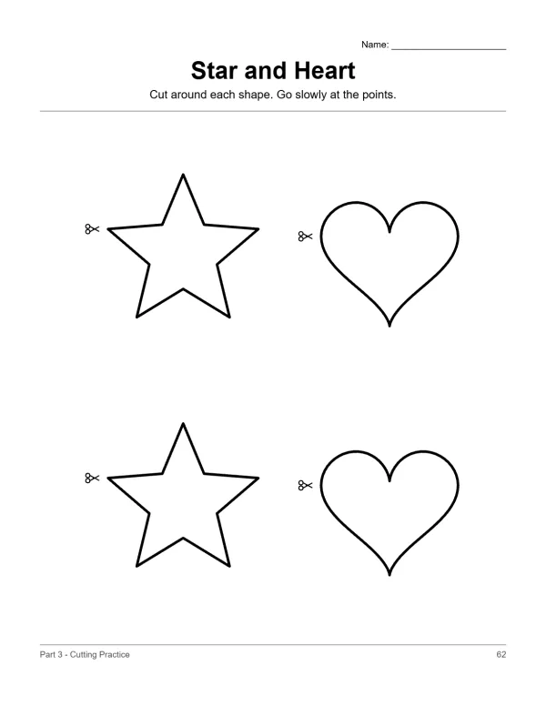 Two stars and two hearts with scissors icons next to them for cutting practice.