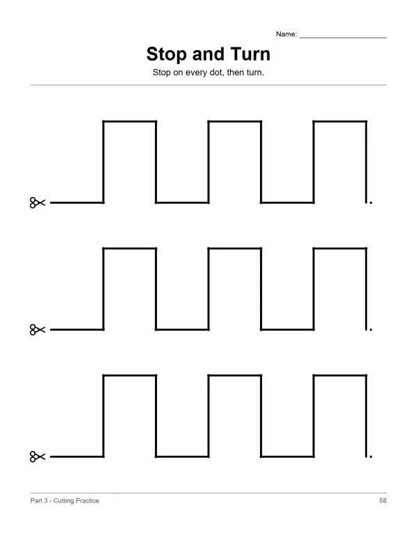 Three rows of dashed lines with scissors symbols at the start and dots at the end for cutting practice.