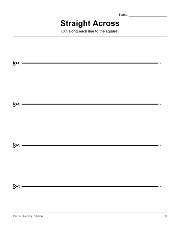 Worksheet with four horizontal dotted lines marked by scissors icons for cutting practice.