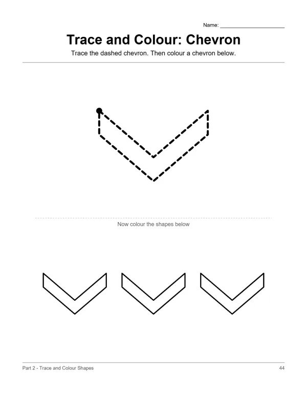 A worksheet with dashed chevron to trace and three solid chevrons to color.