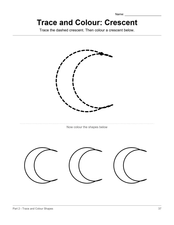 Dashed outline of a crescent moon for tracing, followed by three solid crescent moon shapes to colour.