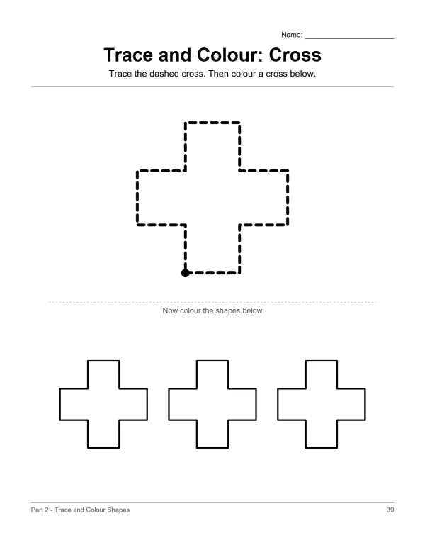 A worksheet with a dashed cross to trace and three solid crosses to color.