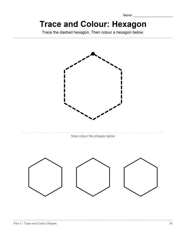 Dashed hexagon to trace with a dot, followed by three solid hexagons to color.