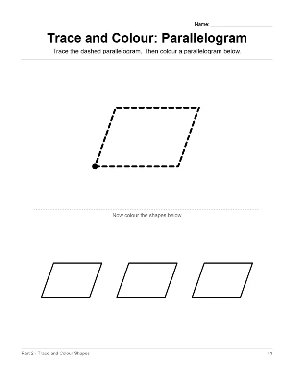 A dashed outline of a parallelogram to trace, followed by three solid parallelograms to color.