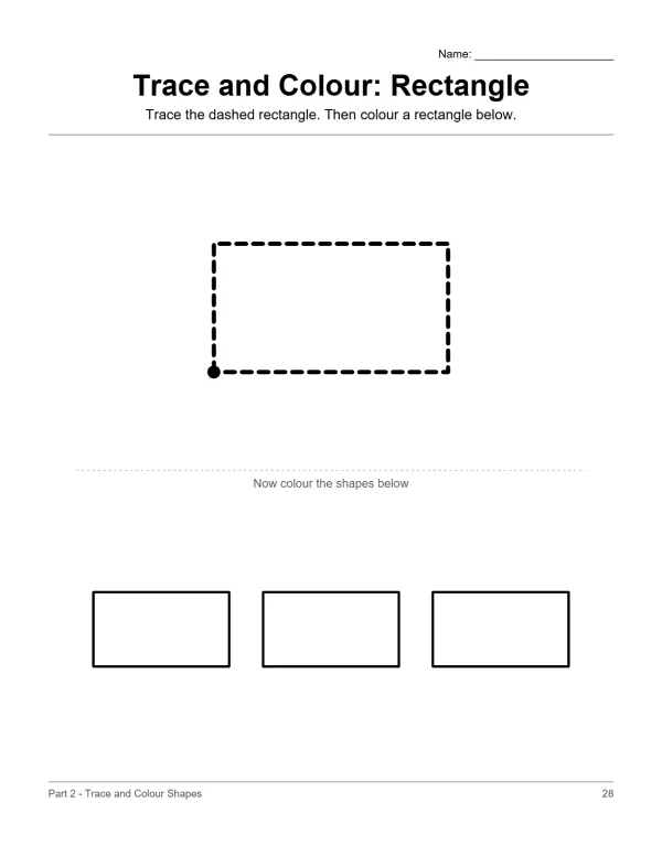 A worksheet page with a dashed rectangle to trace and three blank rectangles to color.