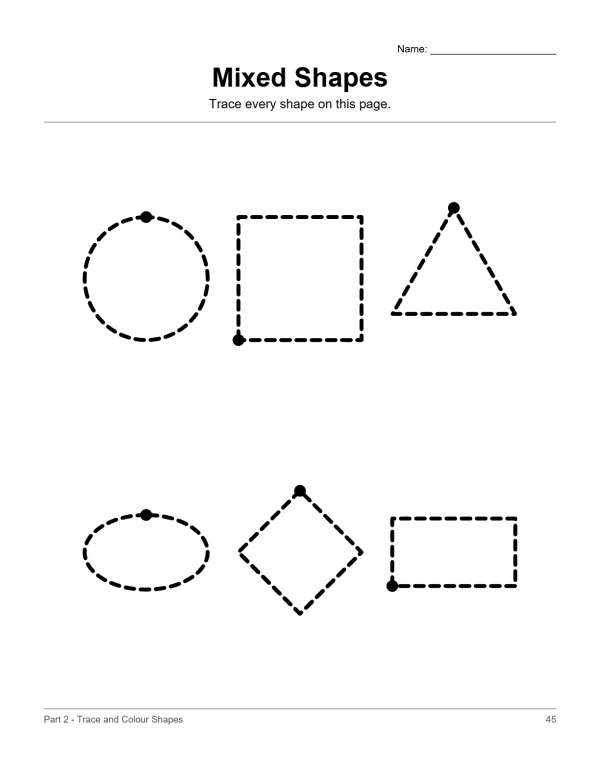 Dashed outlines of a circle, square, triangle, oval, diamond, and rectangle with dots indicating start points.