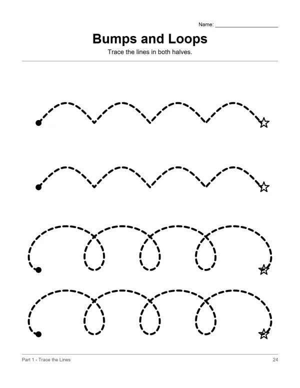 Dotted lines showing bumps, loops, and stars for tracing practice.