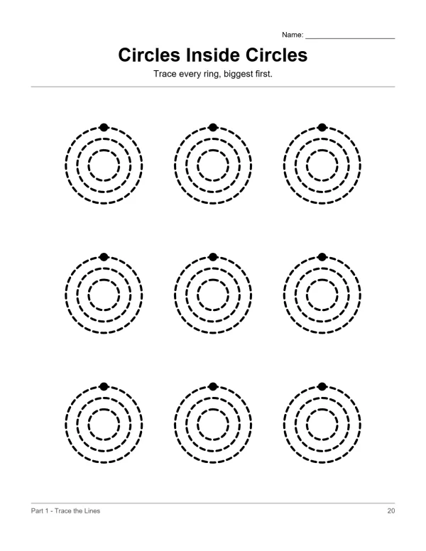 Nine sets of dashed concentric circles with a dot above each set for tracing practice.