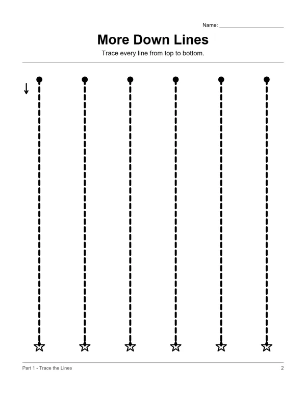 Dotted vertical lines with a starting dot and ending star, for tracing practice.