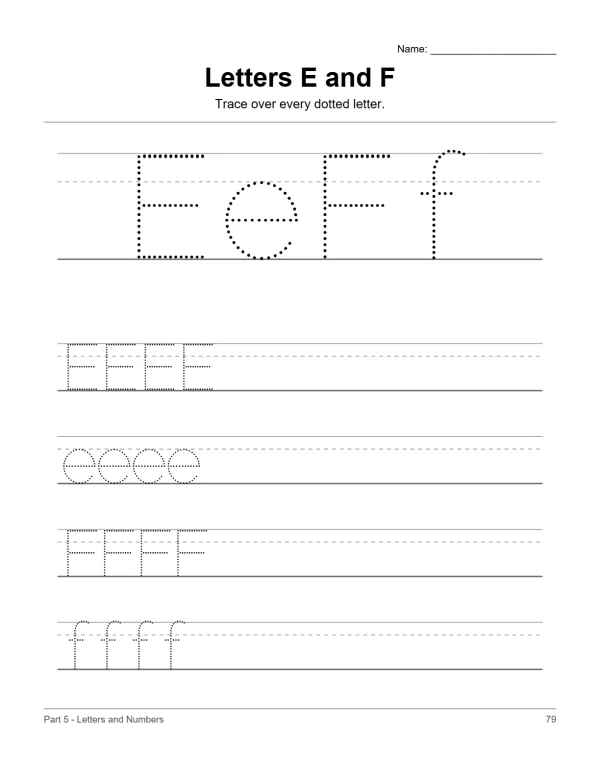Worksheet with dotted uppercase and lowercase letters E and F to trace.